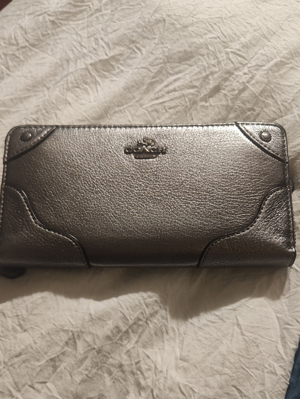 Coach Mickie Metallic Silver Leather Accordion Zip Wallet Retail $275 NWT